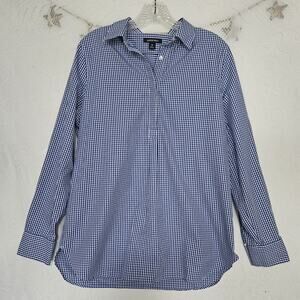 Lands End Women Size 10 100% Supima Cotton Blue Gingham Henley Tunic Top Coastal